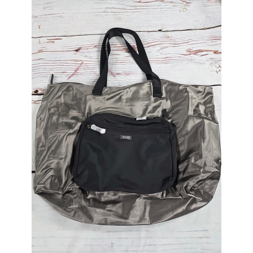 Tumi Just In Case Foldable Travel Tote Bag Metallic Pewter Black Nylon 0481849D